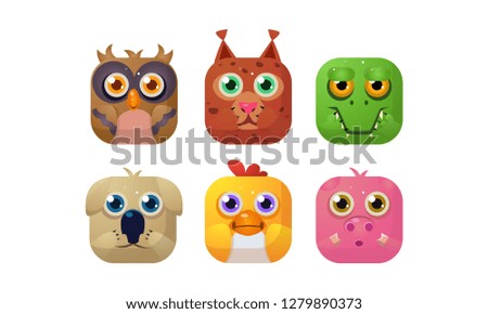 Cute animals set, square app icons, assets for GUI, web design, owl, lynx, crocodile, dog, chicken, pig vector Illustration