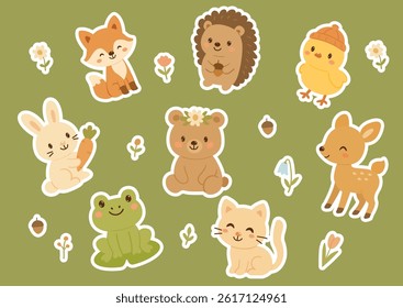 Cute animals set stickers. Hand drawn baby characters and flowers. Vector illustration on green background. Design for print and decoration child clothe or books. Hight quality baby animals