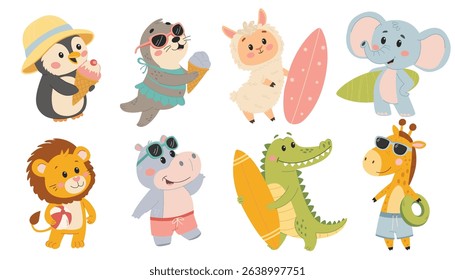 Cute animals set. Summer animals. Penguin, hippo, seal, lion, giraffe, alpaca, elephant, crocodile. Beach vacation. Vector illustration isolated on white background