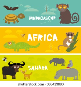 Cute animals set Turtle bat monkey lemur bull hippo parrot tsetse fly camel Chameleon Fennec fox, kids background African animals, Africa, Madagascar, Sahara Desert bright colorful banner. Vector