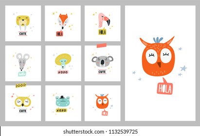 Cute animals set of vector illustrations. Design element, cards with hand drawn heads of wild and forest in cartoon modern style 
