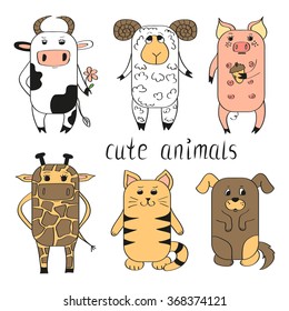 Cute animals set. Vector illustrations isolated on white background. 