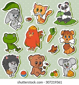 Cute animals set, vector kids stickers with baby animals (rabbit, dog, cat, panda, bear, mouse, hedgehog, bird)