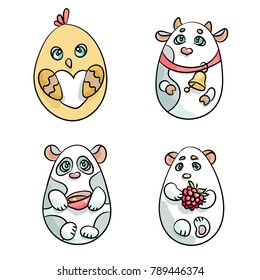 Cute animals in a shape of Easter eggs. there are a cow, a chicken, panda and white bear