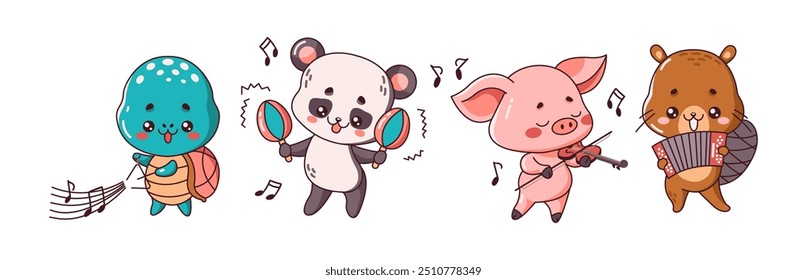 Cute animals shown as musicians flat color vector illustrations set. Kawaii characters bring lively concert to life set on white background