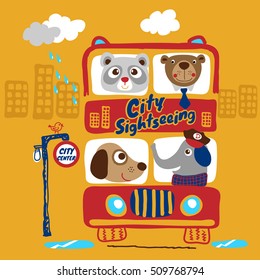 Cute animals sight seeing with a red  double decker bus. Children apparel print graphics.Creative Illustration and Innovative Art: Animal Bus! Cartoon Style Artwork Scene, Wallpaper, Story Background