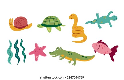 Cute animals. Simple cartoon crocodile, snake, snail, starfish, lizard, turtle. Baby childish tropic animal. Vector set illustration isolated ob white.