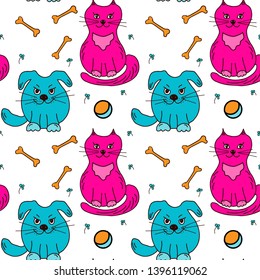 Cute animals simple minimalistic seamless pattern. Kitten and puppy. Graphic design for baby. 