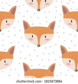 Cute animals. Simple muzzles. Vector illustration with fox. Seamless kid pattern
