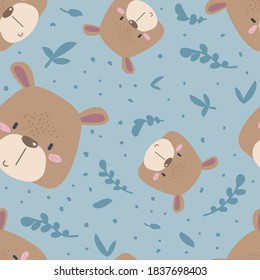 Cute animals. Simple muzzles. Vector illustration with bear. Seamless kid pattern
