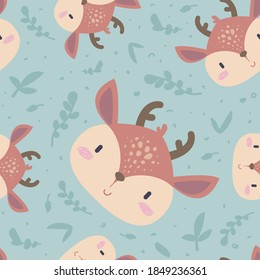 Cute animals. Simple muzzles. Vector illustration with deer. Seamless kid pattern
