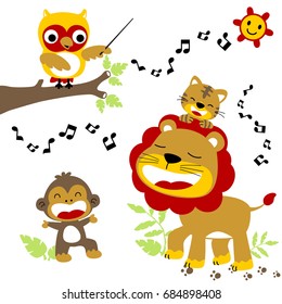 Cute animals singing together in the jungle with smiling sun, vector cartoon illustration