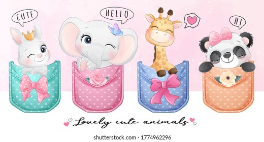 Cute animals sitting inside the pocket illustration