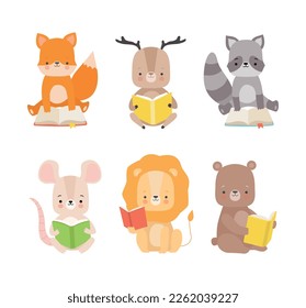 Cute Animals Sitting and Reading Book Enjoying Interesting Story Vector Set