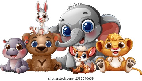 Cute animals sitting together in harmony and friendship