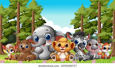 Cute animals sitting together in a lush forest