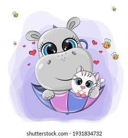 Cute animals are sitting in an umbrella, a hippo and a cat hug each other. Vector illustration of cute animals on a purple background. Weaves fly around the animals.