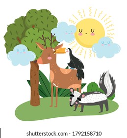 cute animals skunk deer and toucan grass tree foliage wild cartoon vector illustration