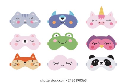 Juego de lindas máscaras oculares para dormir. Accesorio nocturno para dormir sano, viajar y recrearse. Ilustraciones aisladas del vector en el fondo blanco