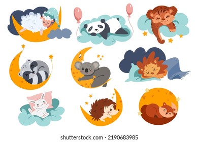 Cute animals sleep on cloud and half moon with stars. Cartoon sleeping child characters. Sweet dream kids set. Baby sheep in nightcap, lion and rabbit on pillow vector illustration in flat style.