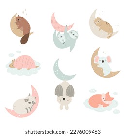 Cute animals sleeping on moon and clouds. Vector illustration of raccoon, bat, fox, tiger, koala, beaver, sloth.