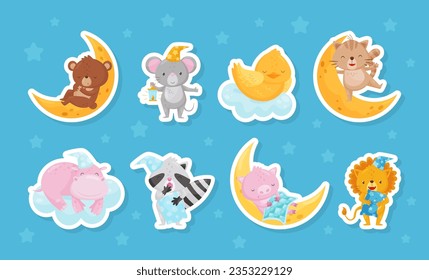 Cute Animals Sleeping on Soft Cloud and with Pillow Having Bedtime Vector Sticker Set