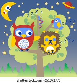 Cute animals sleeping on tree at night, vector cartoon illustration