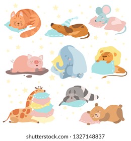 Cute Animals Sleeping Set, Cat, Dog, Mouse, Pig, Elephant, Lion, Giraffe, Raccoon, Bear Lying on Pillows Vector Illustration