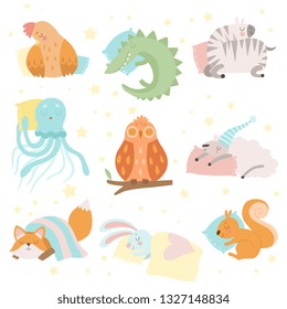 Cute Animals Sleeping Set, Hen, Zebra, Crocodile, Octopus, Sheep, Squirrel, Fox, Bunny, Owl with Pillows Vector Illustration