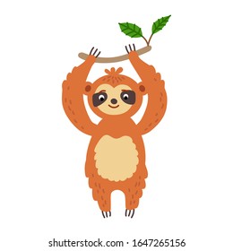 Cute animals - sloth. Illustrations for children. Baby Shower card. Cartoon lazy character isolated on white background. South America animal wildlife