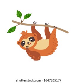 Cute animals - sloth. Illustrations for children. Baby Shower card. Cartoon lazy character isolated on white background. South America animal wildlife