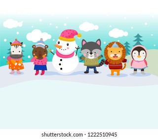 Cute animals and snowman