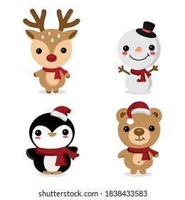 Cute animals and Snowman in Christmas holidays. Raindeer, penguin, bear, snowman cartoon character.