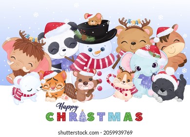 Cute animals with snowman perfect for christmas decoration