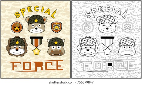 cute animals soldiers on camouflage background pattern, coloring book or page, vector cartoon illustration