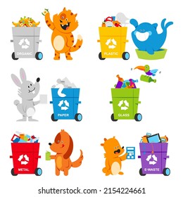 Cute animals sort waste vector cartoon characters set isolated on a white background.
