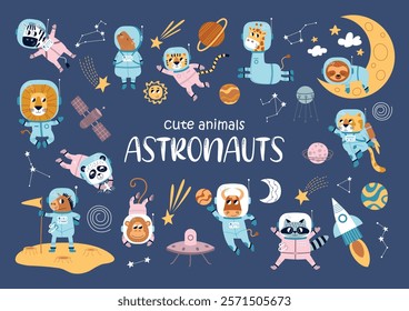 Cute animals in space. Cartoon fauna astronauts characters, funny lion, panda, zebra and raccoon in spacesuits, zero gravity, vector set