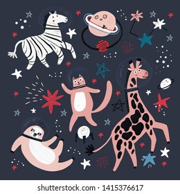 Cute animals in space flat vector illustration