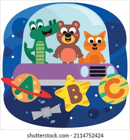 Cute animals in space and letters