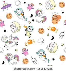 Cute animals in space on a white background seamless pattern. Llama, sloth, unicorn, bunny panda and space items for children