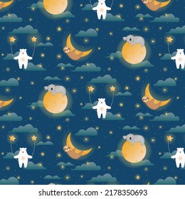 Cute animals in space sleeping on the shiny moon, cosmic seamless pattern with clouds and stars. Vector space pattern for little kids and children.