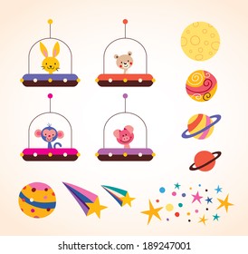 cute animals in spaceships kids design elements set