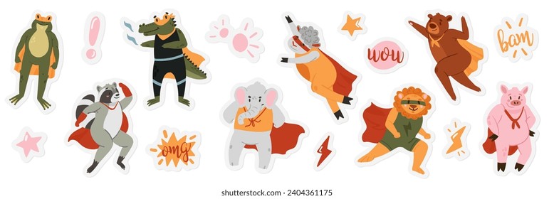 Cute animals in spacesuits flying in space with stars, moon and spaceship, stickers for kids set vector illustration. Cartoon rocket and sun in galaxy, funny astronauts characters from cosmic zoo