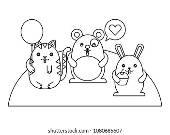 cute animals with speech bubble and helium ballon kawaii character