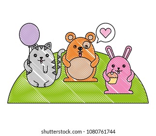 cute animals with speech bubble and helium ballon kawaii character