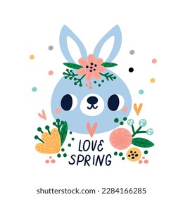 Cute animals spring card. Cartoon rabbit with floral wreath. Springtime holiday. Funny hare. Easter celebration. Flowers and plant leaves. Baby bunny character. Vector