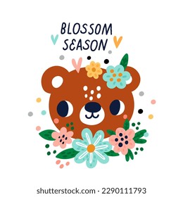 Cute animals spring card. Cartoon bear face with floral wreath. Springtime holiday. Blossoms season. Flowers and plant leaves. Baby character. Mammals muzzle. Vector