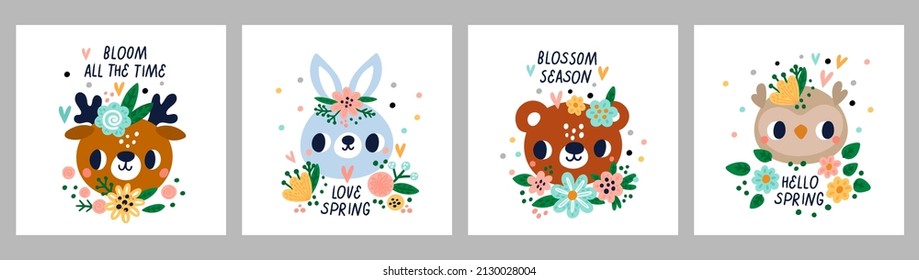 Cute animals spring cards. Forest creatures faces with beautiful flowers. Summer floral tiaras. Owl and deer muzzles. Blossom season. Bear or hare. Vector Scandinavian