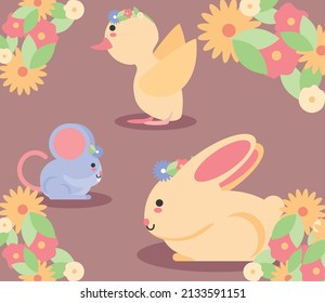 cute animals spring flowers design