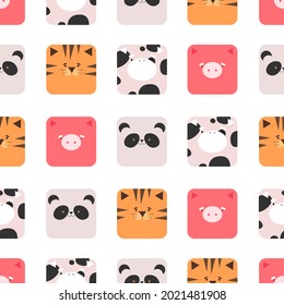 Cute animals with square faces in flat style seamless pattern on white background for nursery. Vector stock illustration